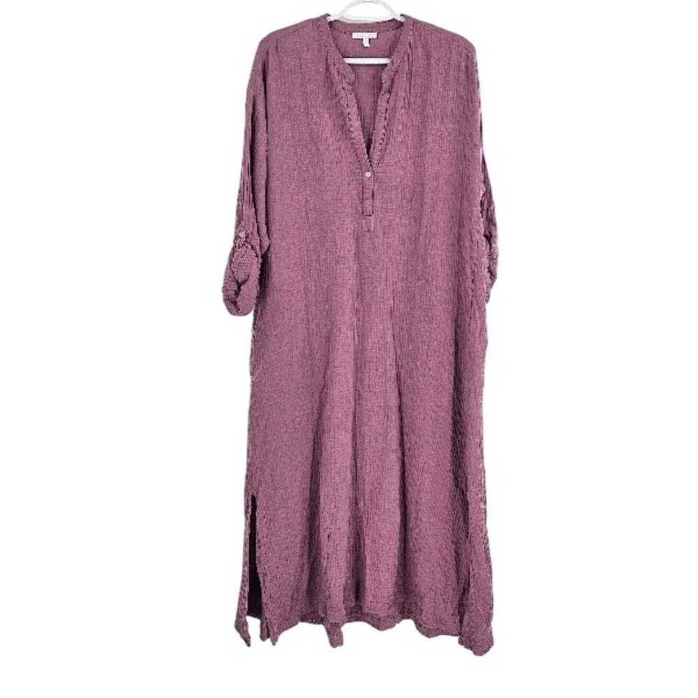 Calme Johnny Was Maxi Dress Pink Mauve Textured Gauze Slit Long Sleeve V-neck M